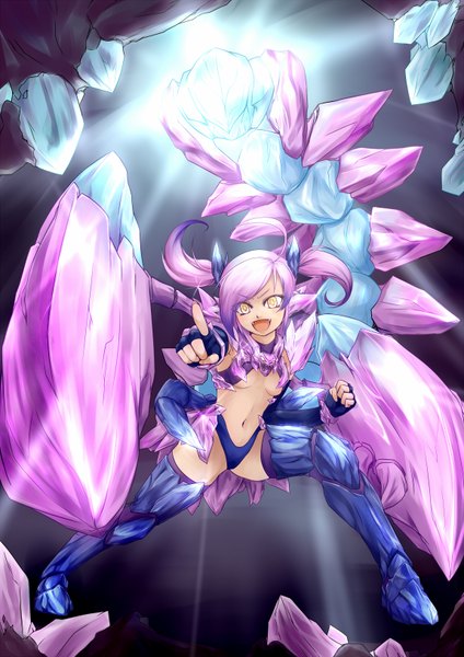 Anime picture 1150x1626 with league of legends skarner (league of legends) nam (valckiry) single tall image short hair open mouth light erotic twintails yellow eyes pink hair tail genderswap monster girl scorpion tail girl navel