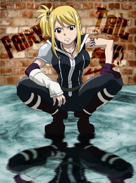 Anime picture 1149x1550 with fairy tail lucy ashley xubeix single long hair tall image blonde hair brown eyes inscription tattoo coloring reflection girl gloves hair ornament pendant wall skull hair ornament