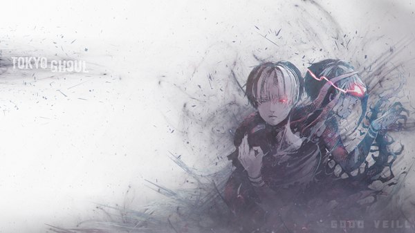 Anime picture 1920x1080 with tokyo ghoul studio pierrot kaneki ken yongkang good veill looking at viewer fringe highres short hair open mouth simple background red eyes wide image white background signed looking away upper body white hair nail polish profile