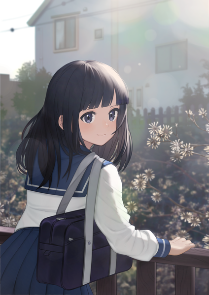 Anime picture 2894x4093 with original yoshihiro (yoshihiro12190) single long hair tall image looking at viewer blush fringe highres blue eyes black hair smile standing outdoors blunt bangs pleated skirt looking back from behind blurry lens flare