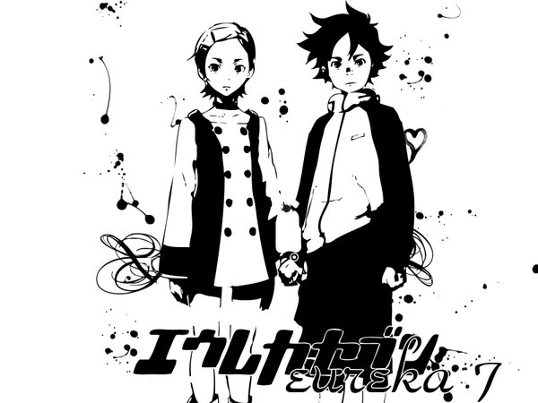 Anime picture 1600x1200 with eureka seven studio bones eureka renton thurston short hair white background couple holding hands monochrome girl dress boy hair ornament jacket shorts hairclip short dress hairpin (hairpins)