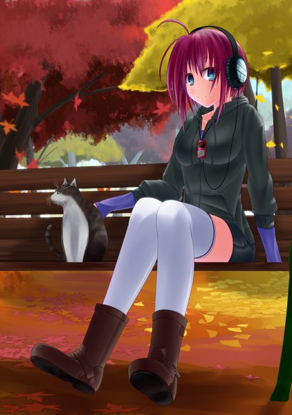 Anime picture 2425x3445 with original kuroneko shiro tall image highres short hair blue eyes sitting purple hair girl thighhighs plant (plants) white thighhighs tree (trees) boots headphones leaf (leaves) cat sweater autumn leaves digital media player