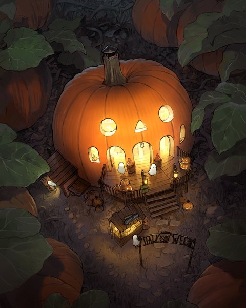 Аниме картинка 1433x1791 с оригинальное изображение yoshida seiji высокое изображение хэллоуин призрак лист (листья) здание (здания) фонарь овощи jack-o'-lantern дом тыква