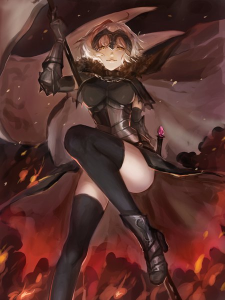 Anime picture 900x1200 with fate (series) fate/grand order jeanne d'arc (fate) (all) jeanne d'arc alter (fate) nima (niru54) single tall image looking at viewer short hair light erotic standing holding yellow eyes silver hair ahoge parted lips arm up standing on one leg smoke girl