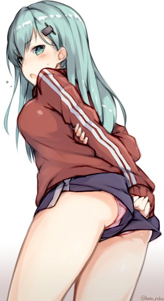 Anime-Bild 2050x3750 mit kantai collection suzuya heavy cruiser katoroku single long hair tall image looking at viewer blush highres open mouth light erotic simple background green eyes signed green hair from behind :o twitter username gradient background >:o