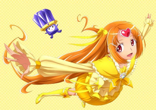 Anime picture 1358x960 with precure suite precure toei animation shirabe ako cure muse (yellow) fairy tone dodory chikuyama (artist) single long hair open mouth red eyes orange hair spread arms magical girl girl dress bow earrings boots