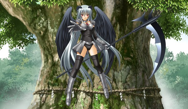 Anime picture 1344x784 with sin kuro to kiiro no shoujo long hair light erotic red eyes wide image game cg silver hair weightlessness girl plant (plants) wings tree (trees) armor scythe