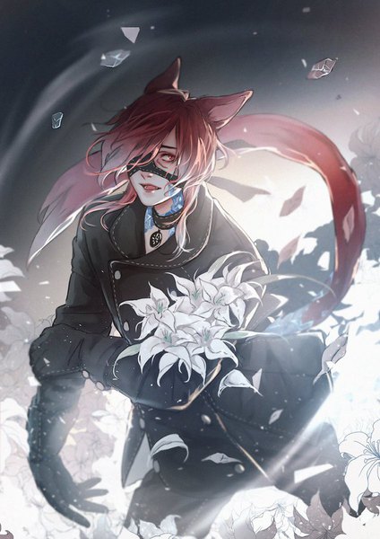 Anime picture 636x900 with final fantasy nier nier:automata final fantasy xiv square enix miqo'te yorha no. 9 type s crystal exarch g'raha tia saito yukihiro single long hair tall image looking at viewer fringe open mouth red eyes standing holding animal ears