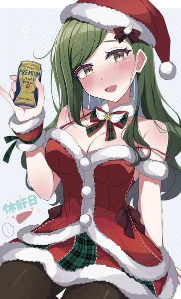 Anime picture 2820x4656 with idolmaster idolmaster shiny colors suntory nanakusa hazuki meiji (meizi493) single long hair tall image looking at viewer blush highres breasts open mouth light erotic holding yellow eyes cleavage head tilt :d green hair