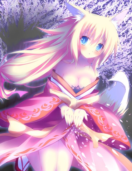 Anime picture 1500x1948 with original jebura long hair tall image blush blue eyes blonde hair japanese clothes fox ears fox tail fox girl girl petals kimono