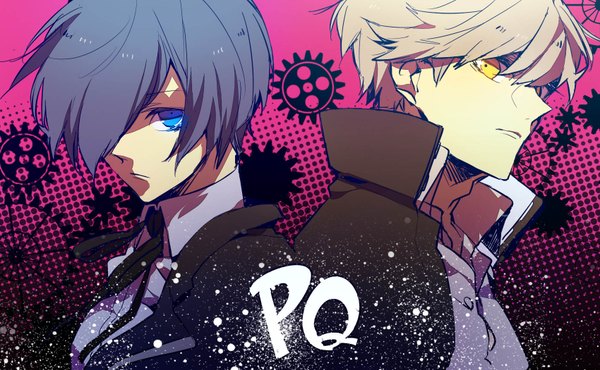 Anime picture 1700x1050 with persona 4 persona 3 persona narukami yuu arisato minato 846kazuya looking at viewer fringe short hair blue eyes blonde hair wide image yellow eyes blue hair profile hair over one eye multiple boys boy 2 boys gears