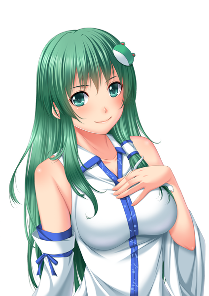 Anime picture 744x1052 with touhou kochiya sanae chiro (pixiv) single long hair tall image looking at viewer blush simple background smile white background bare shoulders green hair girl hair ornament detached sleeves hair tubes