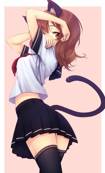 Anime picture 666x1095 with original zizi (zz22) single tall image looking at viewer short hair red eyes brown hair animal ears tail animal tail cat ears cat girl cat tail zettai ryouiki girl thighhighs skirt uniform black thighhighs