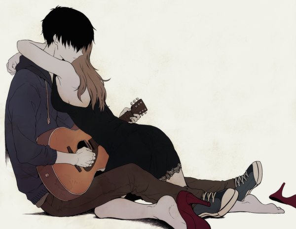 Anime picture 902x700 with original togetsuhou short hair black hair simple background brown hair white background sitting bare shoulders profile bare legs high heels couple hug kneeling hair over eyes shoes removed playing instrument girl dress