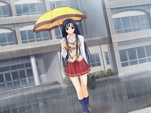 Anime picture 1024x768 with cheerfull! giga tachibana miyuki long hair blue eyes black hair game cg rain girl serafuku umbrella