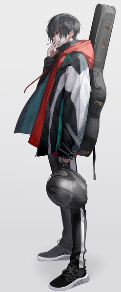 Anime picture 621x1500 with original lowro (en) single tall image short hair black hair simple background standing looking away full body profile grey background open jacket piercing ear piercing smoking mask pull helmet removed boy shoes