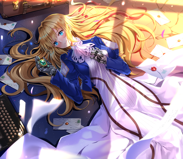 Anime picture 1823x1584 with violet evergarden kyoto animation violet evergarden (character) swordsouls single long hair blush fringe highres blue eyes blonde hair lying long sleeves head tilt open clothes open jacket on back puffy sleeves hand on chest alternate hairstyle