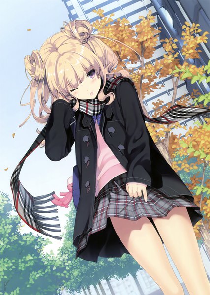 Anime-Bild 2494x3500 mit original naruse hirofumi single long hair tall image looking at viewer blush highres open mouth blonde hair purple eyes one eye closed wind scan hair bun (hair buns) plaid skirt girl skirt plant (plants) miniskirt