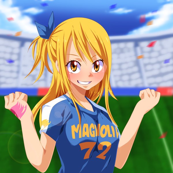 Anime picture 4000x4000 with fairy tail lucy heartfilia tongasart single long hair highres blonde hair smile yellow eyes absurdres sky cloud (clouds) tattoo grin one side up coloring girl uniform bow hair bow