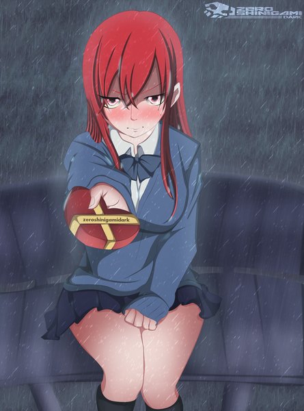 Anime picture 1400x1886 with fairy tail erza scarlet zeroshini single long hair tall image blush red hair pleated skirt pink eyes from above embarrassed coloring rain valentine girl skirt uniform school uniform bowtie