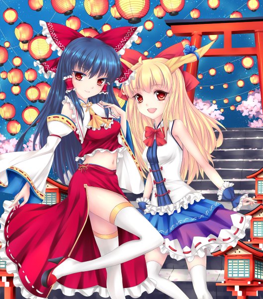 Anime picture 1058x1200 with touhou hakurei reimu ibuki suika fred0092 long hair tall image open mouth blonde hair red eyes multiple girls blue hair horn (horns) girl thighhighs dress navel bow 2 girls hair bow detached sleeves