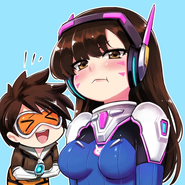 Anime picture 1000x1000 with overwatch blizzard entertainment d.va (overwatch) tracer (overwatch) alphy (artist) long hair looking at viewer blush fringe short hair breasts open mouth simple background smile brown hair multiple girls brown eyes upper body eyes closed :d