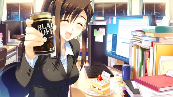 Anime picture 1280x720 with white album 2 long hair blush open mouth black hair wide image game cg eyes closed ^ ^ ^o^ office lady girl sweets suit cake monitor coffee