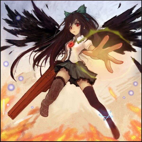 Anime picture 1200x1200 with touhou reiuji utsuho madokansuzuki (artist) single long hair black hair red eyes outstretched arm magic border black wings arm cannon girl thighhighs bow weapon black thighhighs hair bow gun feather (feathers)