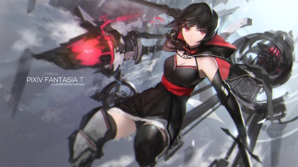 Anime picture 1607x904 with original pixiv fantasia pixiv fantasia t swd3e2 single fringe short hair breasts black hair red eyes wide image holding dual wielding girl thighhighs dress gloves weapon black thighhighs sword