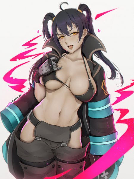 Anime picture 2473x3300 with en'en no shouboutai david production tamaki kotatsu liya nikorov single long hair tall image looking at viewer fringe highres breasts open mouth light erotic black hair simple background hair between eyes large breasts standing white background twintails