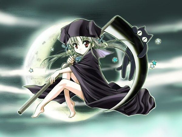 Anime picture 1280x960 with suika (game) nanashi no shoujo moon cat scythe