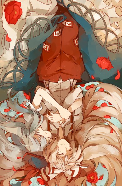 Anime picture 944x1440 with touhou fujiwara no mokou kamishirasawa keine mikuru rumisora long hair tall image blonde hair multiple girls blue hair eyes closed hug shoujo ai upside down girl dress flower (flowers) bow 2 girls hair bow hat