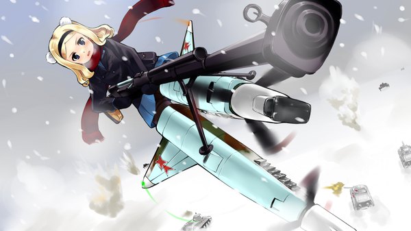 Anime picture 1920x1080 with strike witches mizuki ame single looking at viewer blush highres short hair open mouth blonde hair wide image purple eyes animal ears from below dutch angle snowing winter snow exhalation girl skirt