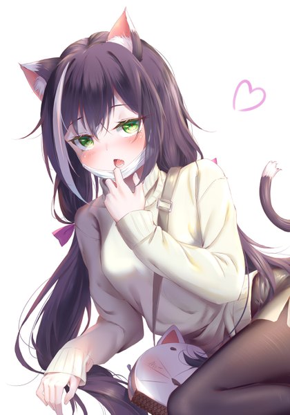 Anime picture 2000x2857 with princess connect! re:dive princess connect! karyl (princess connect!) amaroku neko single long hair tall image looking at viewer blush highres simple background white background twintails green eyes animal ears tail animal tail multicolored hair cat ears two-tone hair