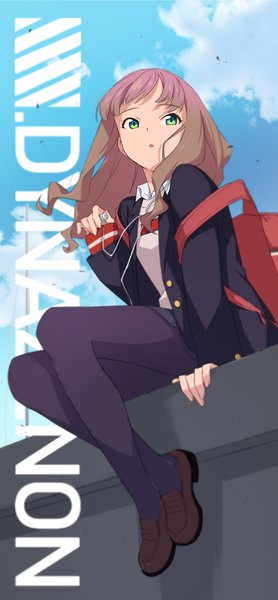 Anime picture 746x1610 with gridman universe ssss.dynazenon studio trigger minami yume gulim single long hair tall image fringe brown hair sitting green eyes looking away sky cloud (clouds) full body wind copyright name girl pantyhose