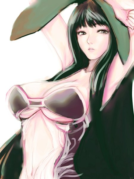 Anime picture 768x1024 with original agahat (artist) single long hair tall image looking at viewer fringe breasts light erotic black hair simple background large breasts white background animal ears black eyes bare belly bunny ears hands on head girl