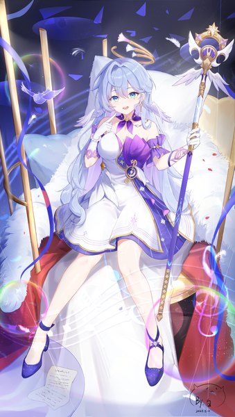 Anime picture 5101x9022 with honkai: star rail honkai (series) robin (honkai: star rail) bai qiangwei single long hair tall image looking at viewer fringe highres breasts open mouth blue eyes smile hair between eyes large breasts sitting bare shoulders absurdres silver hair