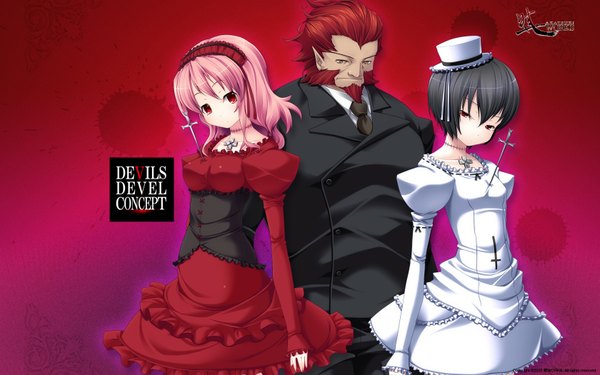 Anime picture 1680x1050 with devils devel concept (game) short hair black hair red eyes wide image multiple girls yellow eyes pink hair red hair red background girl dress boy 2 girls cross