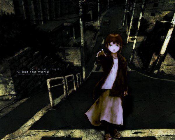 Anime picture 1280x1024 with serial experiments lain iwakura lain abe yoshitoshi single looking at viewer short hair blue eyes brown hair standing signed open jacket outstretched arm third-party edit girl skirt hair ornament jacket x hair ornament coat