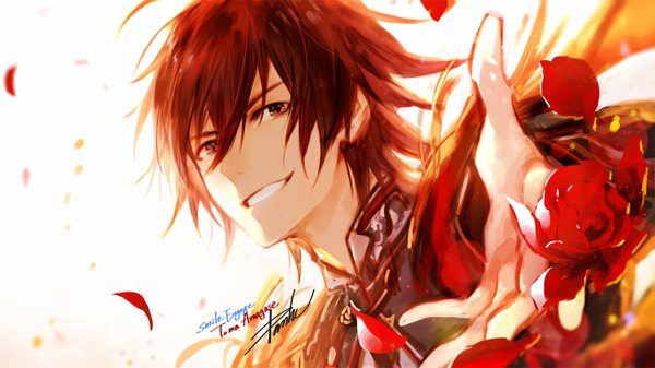 Anime picture 1500x844 with idolmaster idolmaster side-m amagase touma danhu single looking at viewer fringe short hair smile hair between eyes red eyes wide image signed red hair character names grin outstretched hand boy flower (flowers) petals