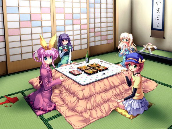 Anime picture 1600x1200 with tantei opera milky holmes sherlock shellingford hercule barton yuzurizaki nero cordelia glauca blush blue eyes blonde hair red eyes multiple girls green eyes pink hair purple hair red hair girl food 4 girls fan bottle kotatsu