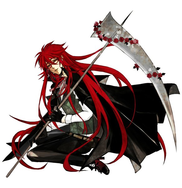 Anime picture 1129x1161 with kuroshitsuji a-1 pictures grell sutcliff single tall image white background sitting holding yellow eyes red hair very long hair boy gloves flower (flowers) glasses rose (roses) pants scythe