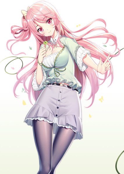 Anime picture 852x1200 with original emily stock ririko (zhuoyandesailaer) single long hair tall image looking at viewer blush fringe breasts simple background smile large breasts standing white background holding pink hair cleavage head tilt pink eyes