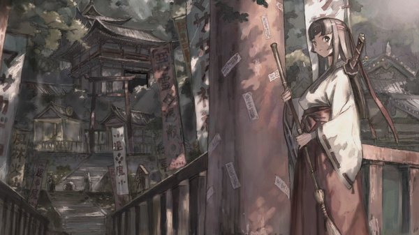 Anime picture 1920x1080 with queen's blade tomoe (queen's blade) highres wide image japanese clothes official art miko sword building (buildings) broom