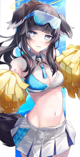 Anime picture 1000x1966 with blue archive hibiki (blue archive) hibiki (cheerleader) (blue archive) kie (yospcd) single long hair tall image looking at viewer blush fringe breasts blue eyes light erotic black hair animal ears cleavage ponytail tail blunt bangs animal tail