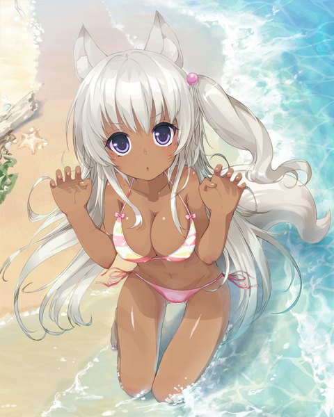 Anime picture 900x1125 with original kou mashiro shokochi single long hair tall image looking at viewer fringe breasts open mouth light erotic sitting purple eyes animal ears tail animal tail from above grey hair :o fox ears