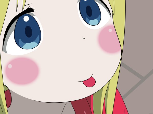 Anime picture 1600x1200 with ichigo mashimaro ana coppola single blush blue eyes blonde hair looking away light smile close-up face :p girl tongue