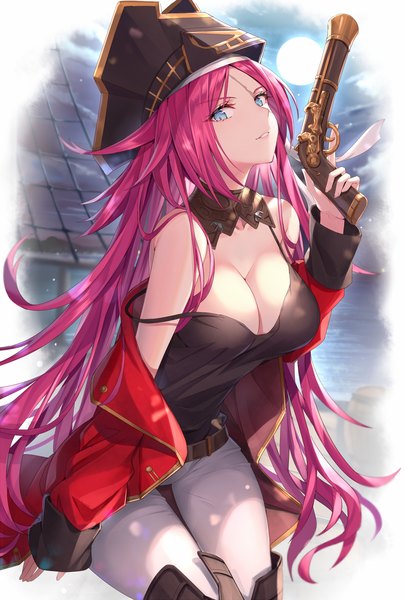 Anime-Bild 911x1348 mit fate (series) fate/grand order fate/extra francis drake (fate) rin yuu single long hair tall image looking at viewer breasts blue eyes light erotic large breasts holding pink hair cleavage outdoors parted lips open jacket border
