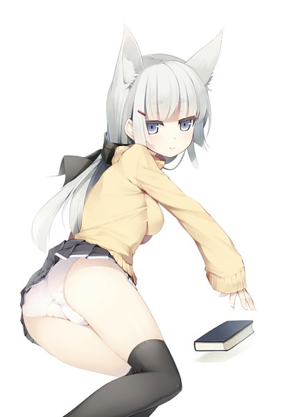 Anime picture 810x1145 with original nekomu single long hair tall image blue eyes light erotic simple background white background animal ears silver hair girl thighhighs skirt underwear panties black thighhighs book (books) white panties