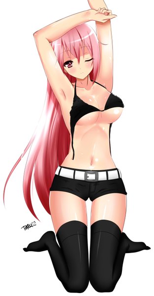 Anime picture 1669x3200 with original nagi-the-cheese (ppshex) single long hair tall image blush light erotic white background pink hair one eye closed pink eyes wink armpit (armpits) midriff kneeling girl thighhighs navel black thighhighs shorts